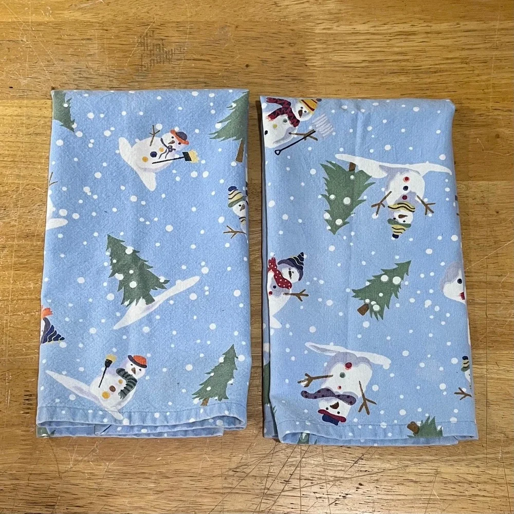 Crate & Barrel Blue Snowman Trees Cotton Kitchen Towels Set of 2 Vtg Holiday